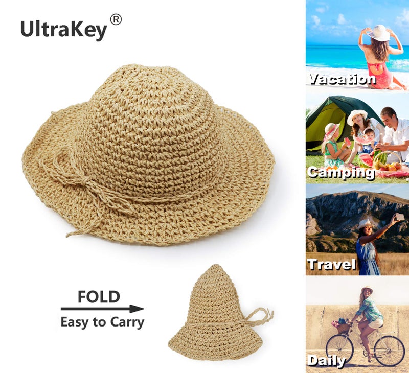 UltraKey Straw Hat, Handmade Beach Wide Brim Cap Foldable Outdoor Sun Hat Beach Headwear for Children Beige - Image 2